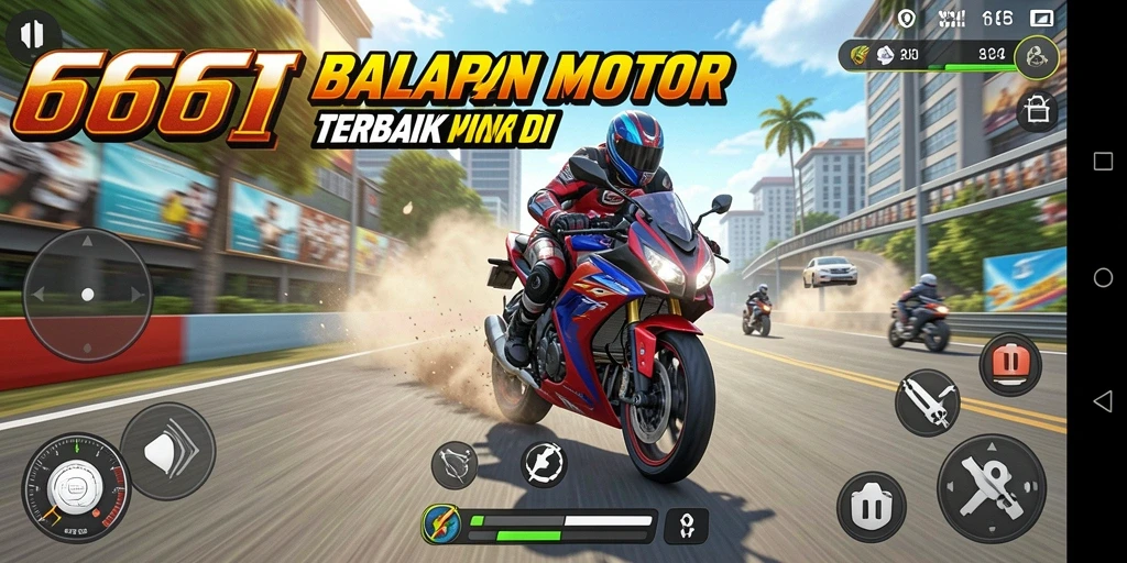 Tampilan gameplay 666I dengan motor balap yang melaju kencang.