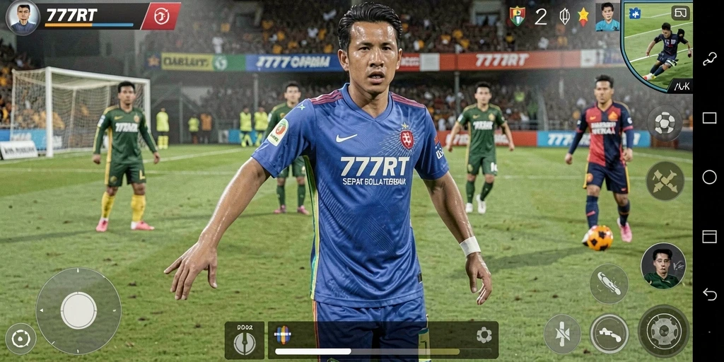 Tangkapan layar dari gameplay seru dalam 777RT yang menampilkan aksi sepak bola.
