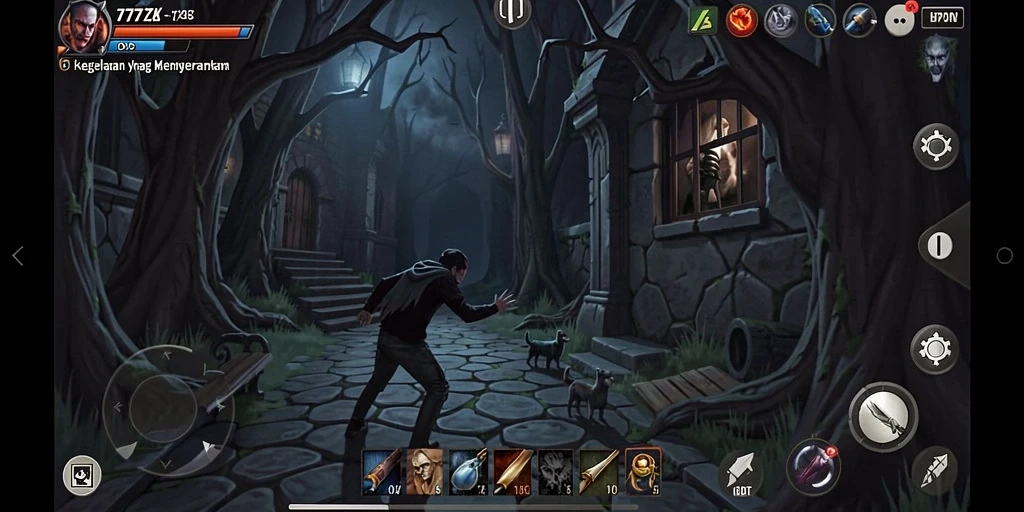 Tampilan gameplay 777ZX menakutkan dengan suasana kegelapan yang mencekam.
