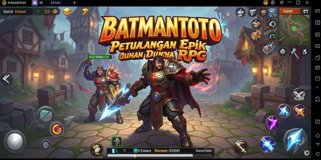 Screenshot gameplay BATMANTOTO menampilkan pertarungan epik dan pemandangan indah.