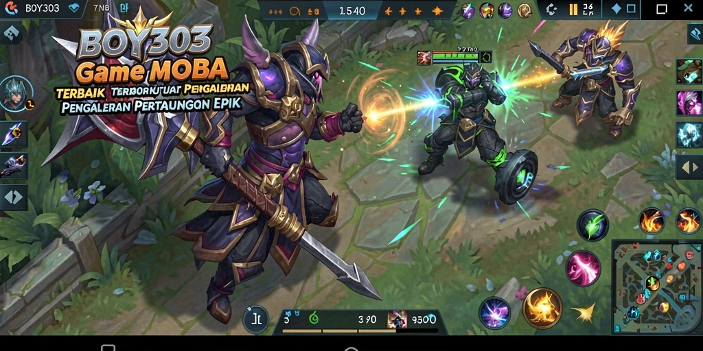 Screenshot BOY303 menampilkan pertarungan seru antara karakter-karakter unik dalam game MOBA.