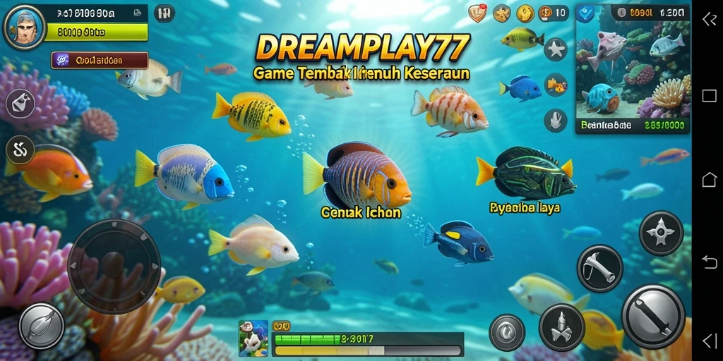 Screenshot gameplay DREAMPLAY77 menunjukkan aksi menembak ikan yang mendebarkan.