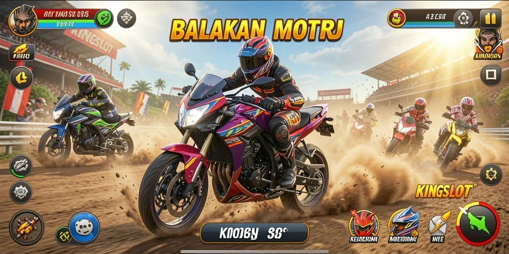 Screenshot gameplay KINGSLOT menunjukkan aksi balapan motor yang menegangkan.
