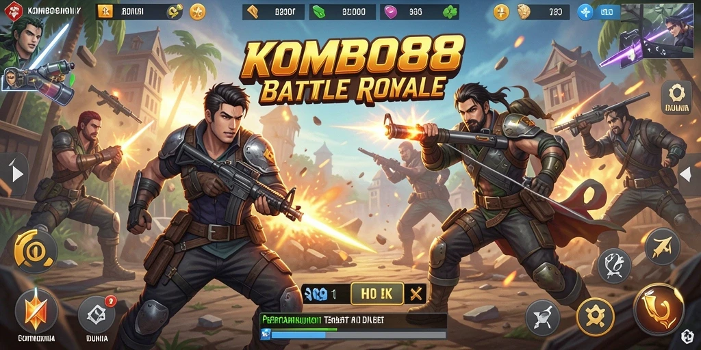 Screenshot utama KOMBO88 menampilkan pertempuran seru dalam arena Battle Royale.