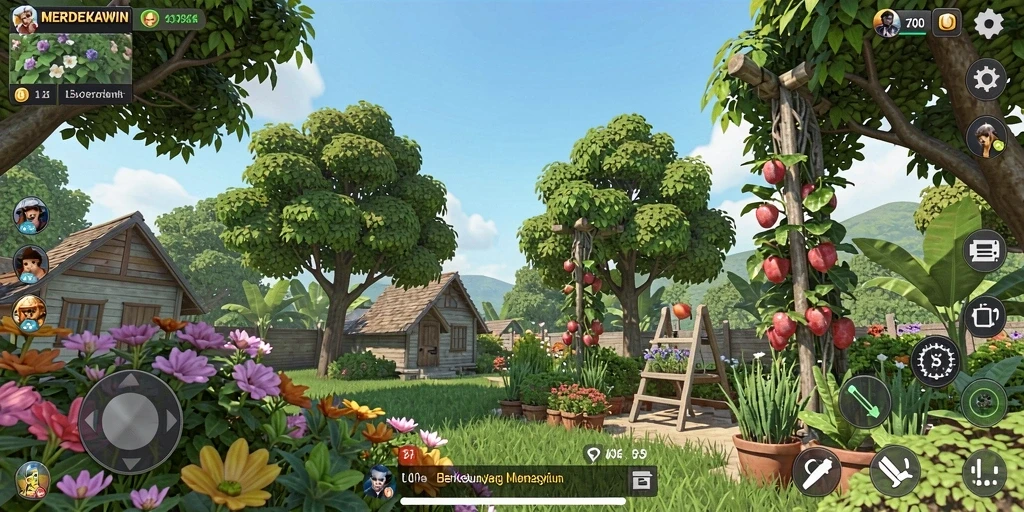 Tampilan gameplay MERDEKAWIN yang menunjukkan berbagai tanaman dan hewan ternak.