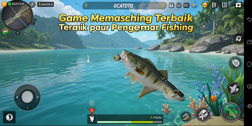 Gambar menunjukkan pemain sedang menangkap ikan di lautan yang indah.