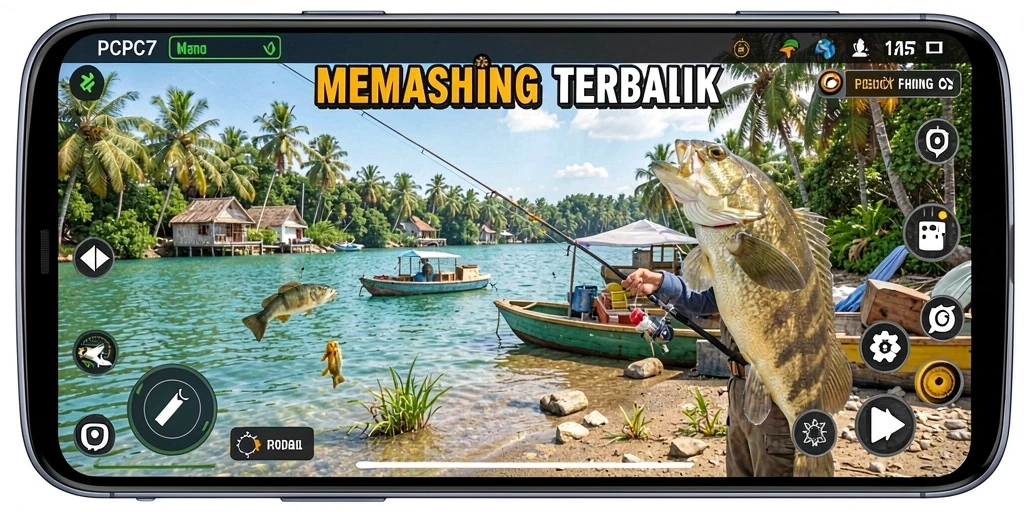 Tampilan screenshot dari gameplay PCPC7 yang menampilkan aktivitas memancing yang mendebarkan.