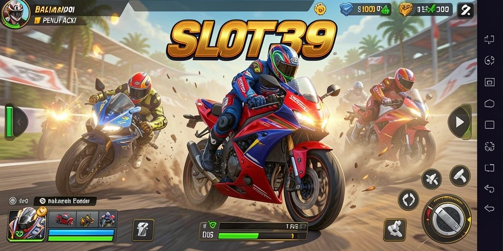Tampilan gameplay SLOT39 menampilkan aksi balapan motor yang seru dan dinamis.