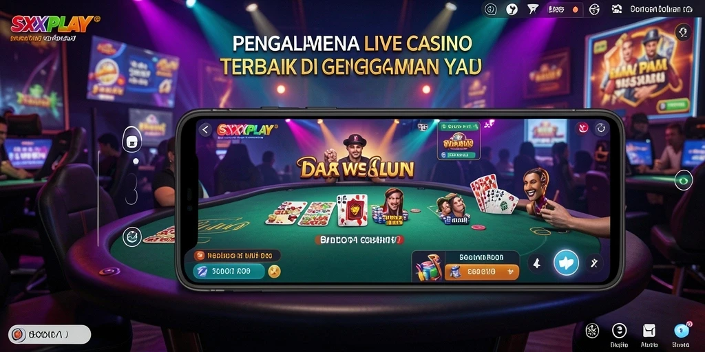Tangkapan layar gameplay SXXPLAY menampilkan dealer langsung dan suasana kasino yang mengasyikkan.